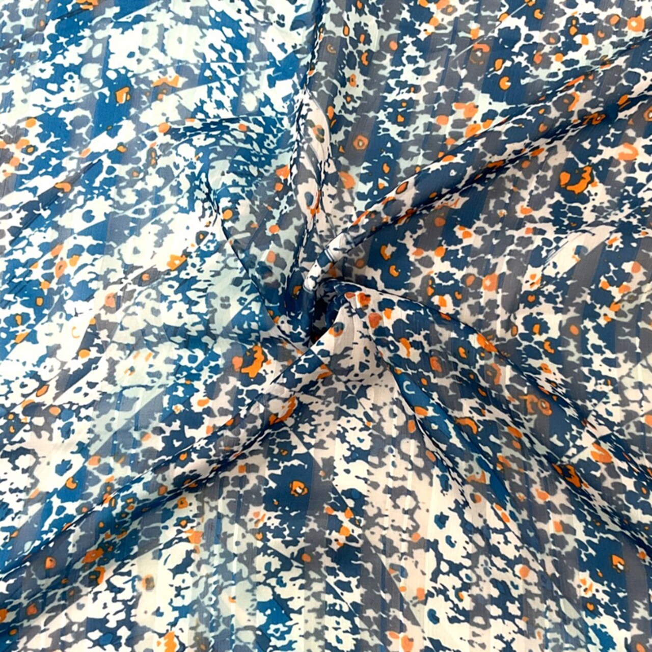 Blue-Multi Poly Floral Printed Satin Stripe Chiffon Woven Fabric By the Yard